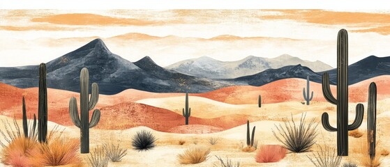 A beautiful desert landscape showcases majestic mountains and tall cacti under a colorful sunset with warm hues illuminating the sandy terrain