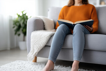 Obraz premium A woman in a warm orange sweater sits on a light gray sofa with a soft white blanket draped over the arm, reading a book in a peaceful, minimalist living room setting.
