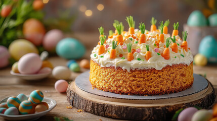 Delicious carrot cake with cream cheese frosting and easter decorations