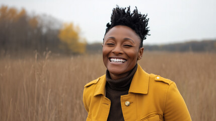 A joyful portrait of a woman smiling warmly outdoors in a natural autumn setting, wearing a yellow jacket that complements the earthy tones around her, capturing happiness and connection with nature.