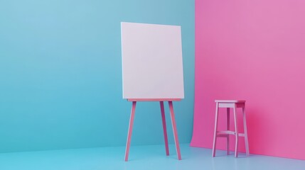 A blank canvas on an easel beside a pink stool in a vibrant blue and pink setting.
