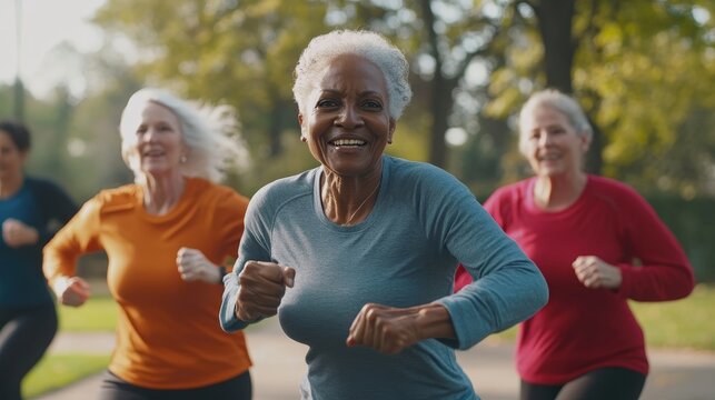 Active Seniors with Diverse Skin Tones Exercising Outdoors in a Vibrant Park Setting