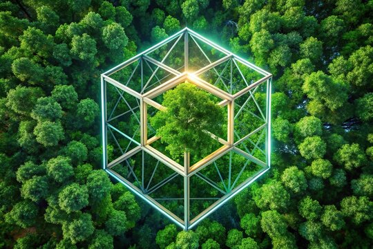 futuristic tree with tesseract hypercube from high angle