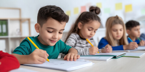 A group of young children focus on writing in a bright modern classroom. Concentration and enthusiasm for learning while participating in this activity, fundamental literacy and academic growth.