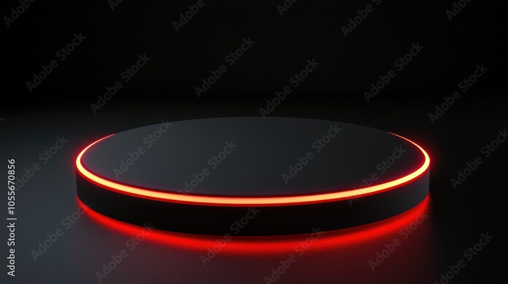 Poster elevated circular platform featuring dynamic red led illumination set against a smooth black backgro