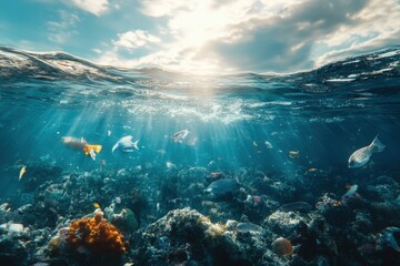 Underwater view of vibrant coral reef teeming with fish during sunny day near coastline