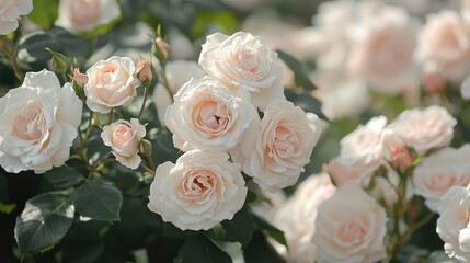 Obraz premium Floral Roses Blossom In The Garden Closeup View Of Beautiful Rosa Georgette Flower Cluster Of Light Pink And White Petals Spring Blooming In The Park