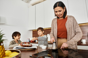 A cheerful family enjoys baking festive treats together in their cozy kitchen, embracing the holiday spirit.