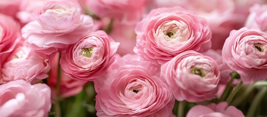 Naklejka premium Ranunculus Asiaticus Or Persian Buttercup Pink Flowers Close Up Many Flowers For Women Day Pink Blossom For Mother Day