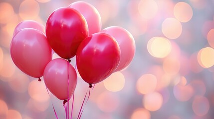 A collection of vibrant pink and red balloons set against a soft pastel bokeh backdrop evoking a whimsical and dreamy ambiance