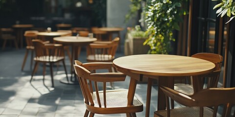 Outdoor dining area with wooden furniture