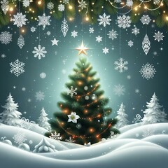 Christmas background design of pine tree and snowflake with snow falling in the winter vector illustration.