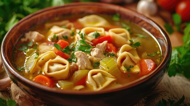 Traditional Italian Tortellini Capeletti Agnolini Soup With Chicken And Vegetables Special Soup For Cold Nights Closeup