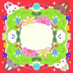 colorful cartoon frame illustration.  rabbits , flower , cherry , heart and cute elements.  decoration card for kid. 