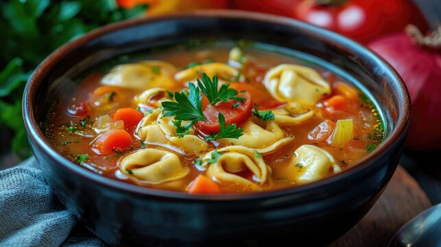 Traditional Italian Tortellini Capeletti Agnolini Soup With Chicken And Vegetables Special Soup For Cold Nights Closeup