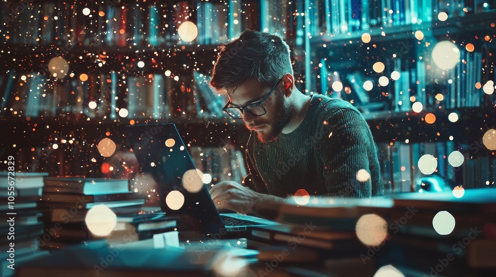 Poster man working on laptop in a magical library setting