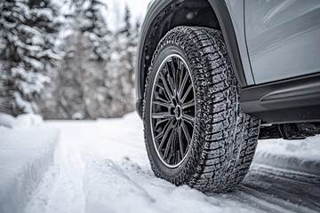 Naklejka premium A close-up view of a winter tire on a four-wheel drive vehicle navigating through a snowy forest road during winter mornings