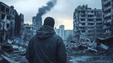 Fototapeta premium Man in a jacket stands in a war torn or disaster stricken city at dawn viewed from behind