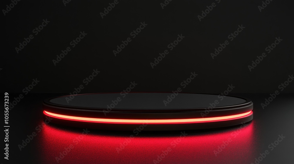 Poster elevated circular platform featuring dynamic red led illumination set against a smooth black backgro