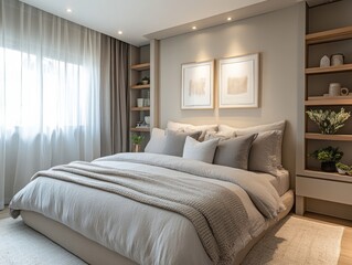 Soft pastel walls paired with gray bedding and minimalist wall art for a clean, modern design