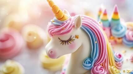 Close up of a colorful unicorn birthday cake featuring a vibrant rainbow topper