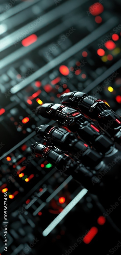 Poster robotic hand interacting with a control panel in a futuristic setting.