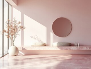 Soft pastel walls paired with minimal decor, featuring clean lines and natural light for a serene, minimalist design