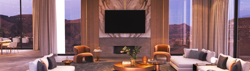 Modern luxurious living room that boasts a stunning and breathtaking scenic view, 3d rendering