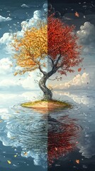 A twisted tree displays vibrant autumn foliage as leaves fall gently into calm waters, capturing the essence of seasonal change in a serene setting
