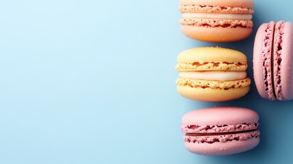 Vibrant macarons on a pastel blue backdrop captured from above Elegant dessert presentation in a stylish composition