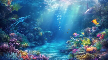 Naklejka premium Coral reef with colorful fish and a shark.