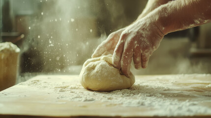 Artisan baker kneading dough in rustic kitchen for homemade bread