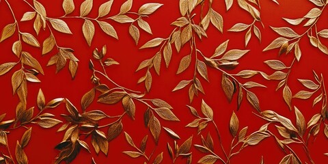 Fototapeta premium Golden Leaves on Red Background
