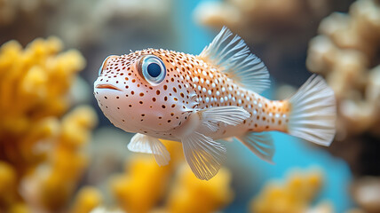 A brightly colored pufferfish swims gracefully among vibrant coral reefs in tropical waters