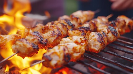 Close up of grilled chicken skewers roasting over an open flame with individuals in the background relishing a barbecue celebration
