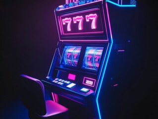 Casino 777 slot machine with blue and pink neon details on a plain black background