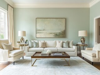 Soft pastel walls with minimal contemporary furniture, polished surfaces, and abstract art for a gallery-inspired family room