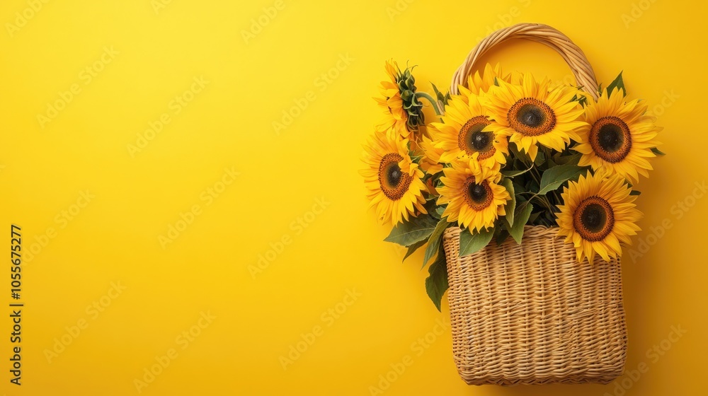 Poster wicker bag adorned with a bouquet of sunflowers on a vibrant yellow backdrop flat lay perspective wi