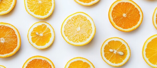 Obraz premium Yellow Lemon And Orange Slices Of Orange On A White Background