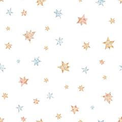 Square seamless pattern with vintage star shaped Christmas ornaments. Watercolor hand painted abstract xmas pattern for wrapping paper, scrapbooking, textile and fabric design