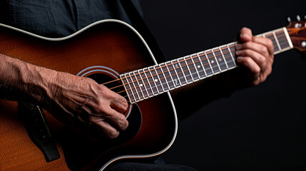 Fototapeta premium A close-up shot of hands playing an acoustic guitar, with intricate detailing of the strings and wood texture
