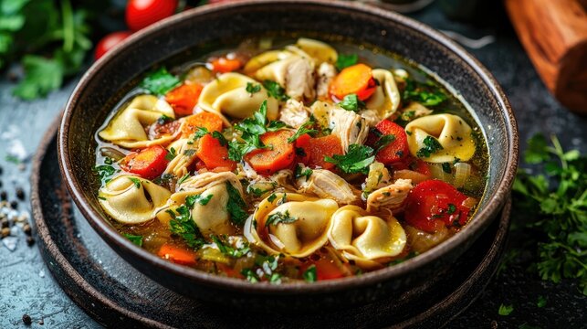 Traditional Italian Tortellini Capeletti Agnolini Soup With Chicken And Vegetables Special Soup For Cold Nights Closeup