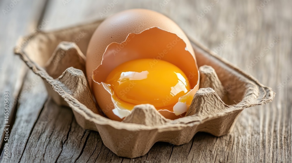 Aufkleber a broken egg in a cardboard tray showcasing half an egg with yolk inside an empty container on a woo
