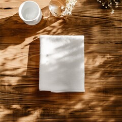 Flat lay mockup of a white linen tea towel on a wooden table with some decorations