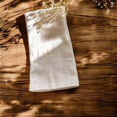 Flat lay mockup of a white linen tea towel on a wooden table with some decorations