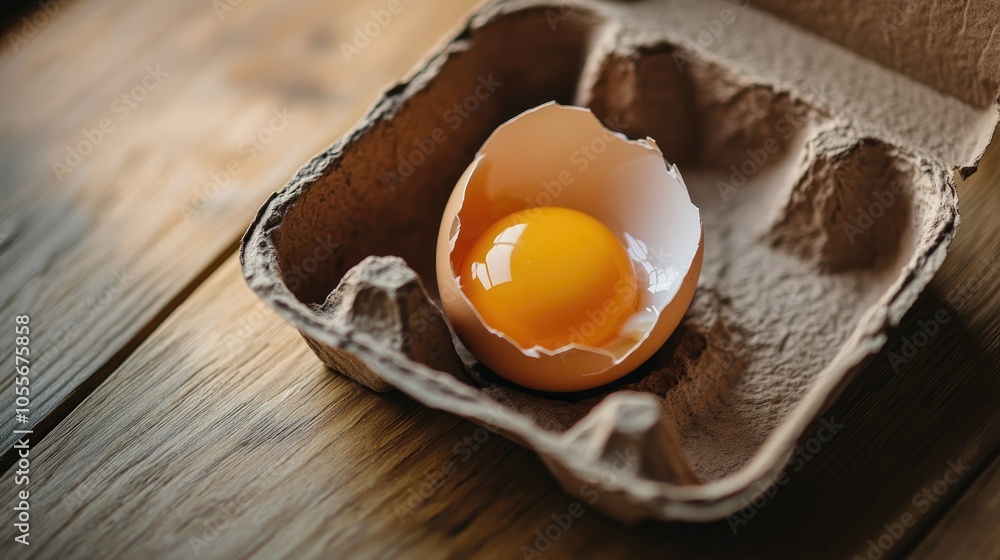 Aufkleber a broken egg in a cardboard tray showcasing half an egg with yolk inside an empty container on a woo