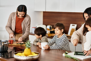 A joyful family preparing festive treats in a sleek kitchen, creating memories and holiday cheer together.