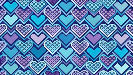 Geometric pattern of interlocking hearts in various sizes and shapes in shades of blue and purple, shape, pattern, design, colorful