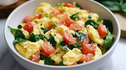 Scrambled eggs mixed with tomatoes and fresh spinach