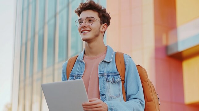 A young man smiles while holding a laptop outside a modern building during sunset